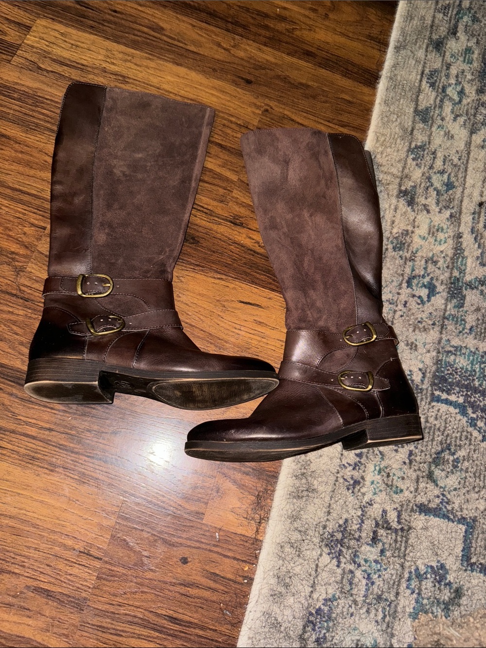 Lucky Brand Dark Brown Leather & Suede Knee-High Buckle Boots